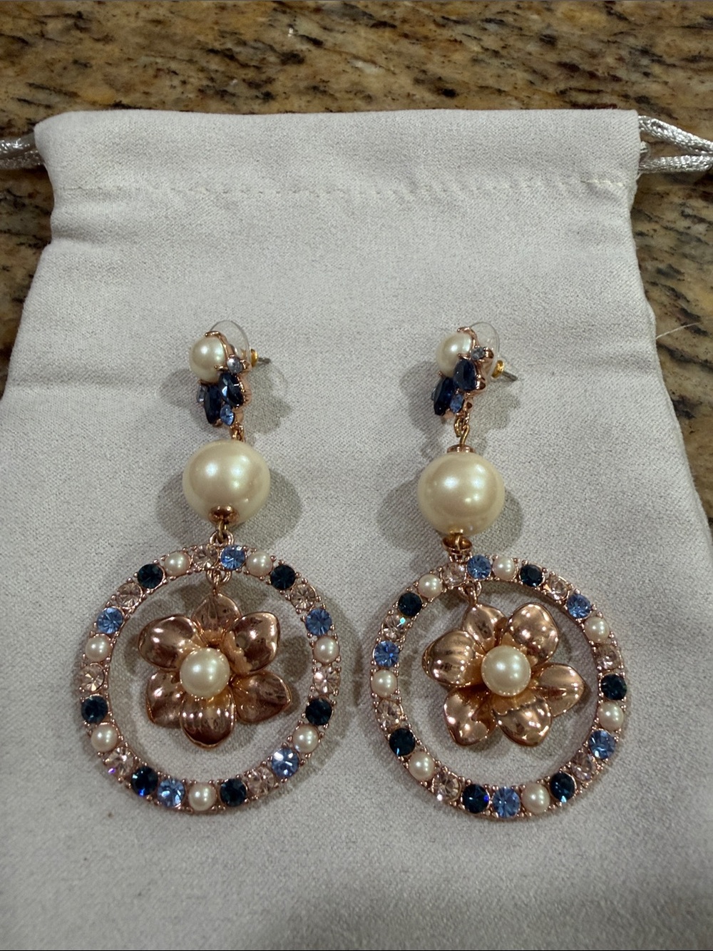 kate spade Rose Gold Floral Pearl and Blue Crystal Drop Earrings